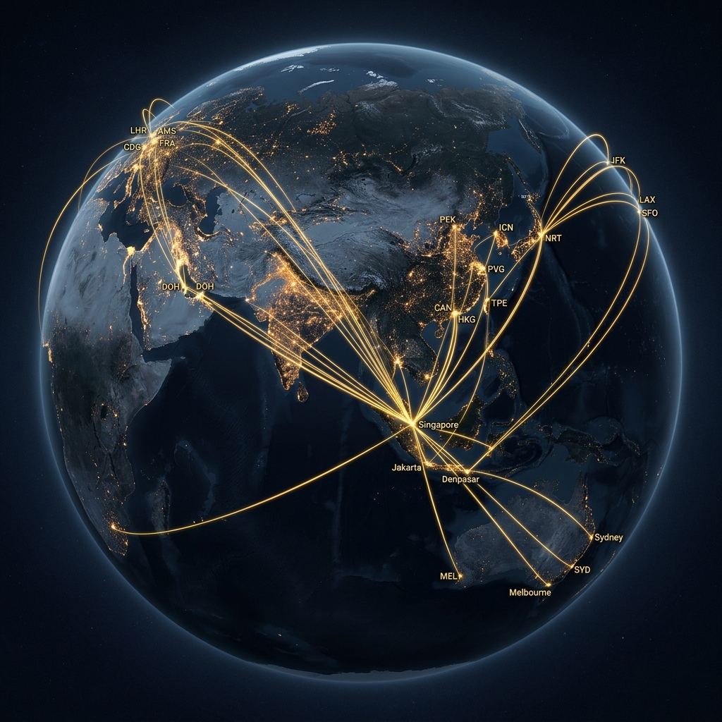 Glowing world map connecting Indonesia, China and global markets